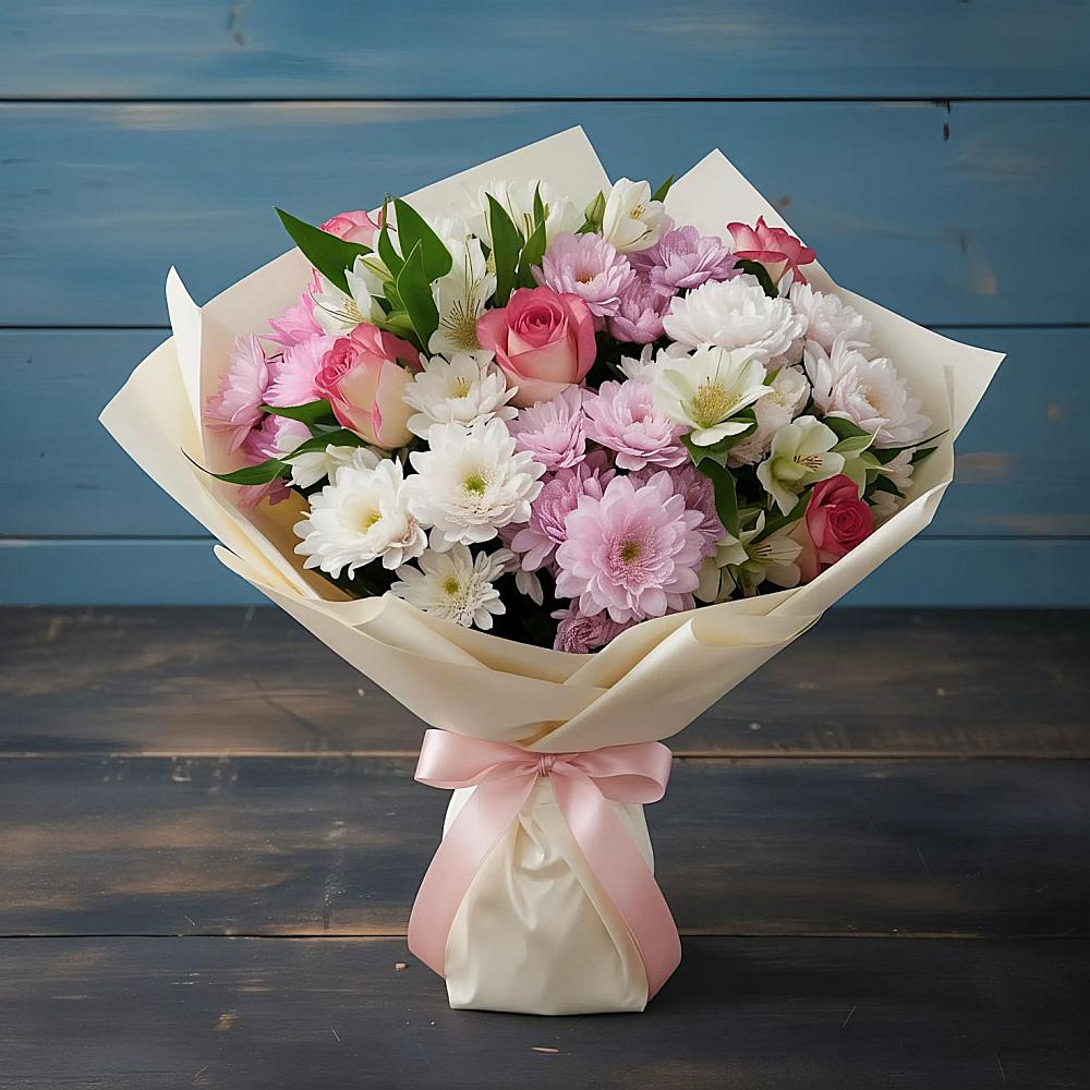 Букет цветов из: Хризантемы, Альстромерии и Розы в Амзя